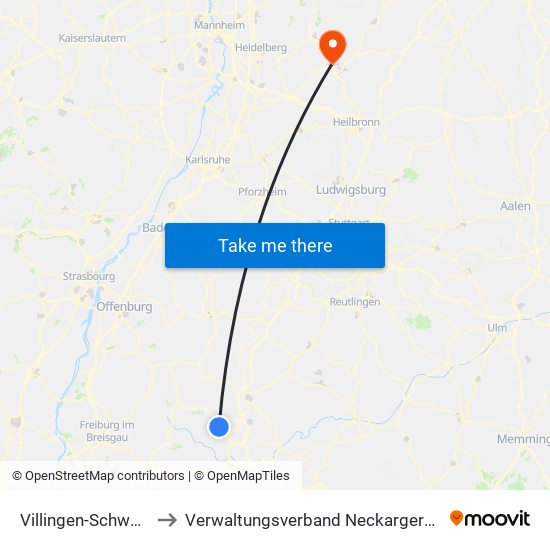 Villingen-Schwenningen to Verwaltungsverband Neckargerach-Waldbrunn map