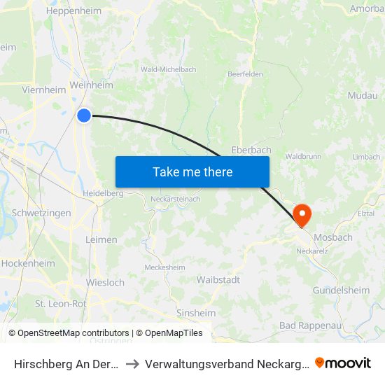 Hirschberg An Der Bergstraße to Verwaltungsverband Neckargerach-Waldbrunn map
