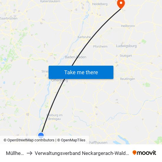 Müllheim to Verwaltungsverband Neckargerach-Waldbrunn map