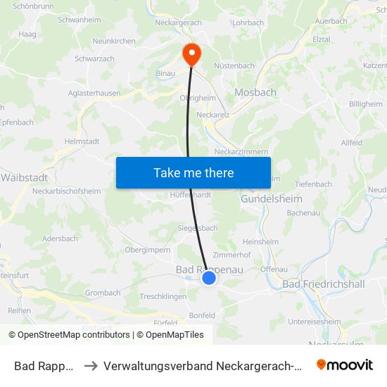 Bad Rappenau to Verwaltungsverband Neckargerach-Waldbrunn map