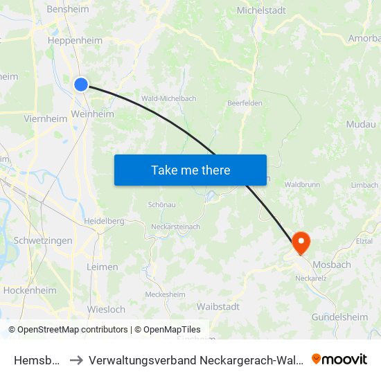 Hemsbach to Verwaltungsverband Neckargerach-Waldbrunn map