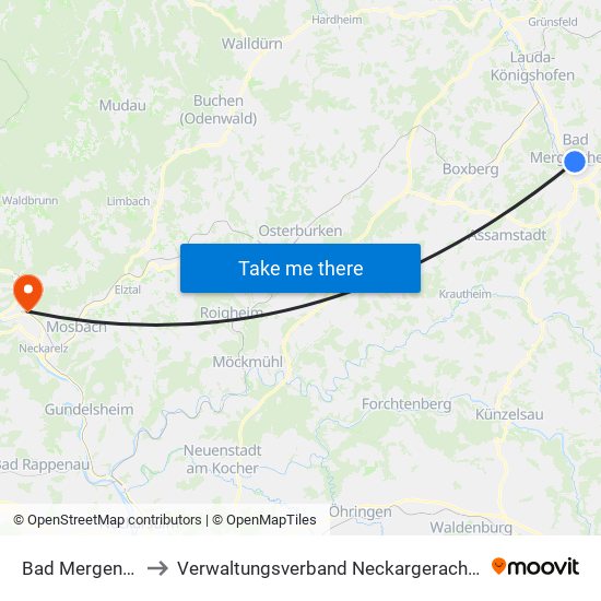 Bad Mergentheim to Verwaltungsverband Neckargerach-Waldbrunn map