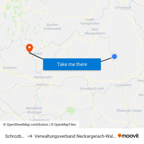 Schrozberg to Verwaltungsverband Neckargerach-Waldbrunn map
