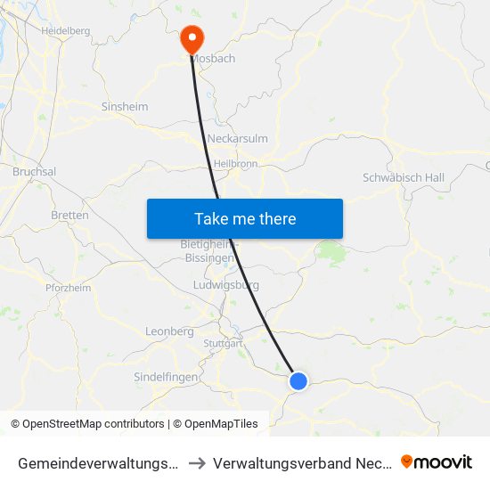 Gemeindeverwaltungsverband Plochingen to Verwaltungsverband Neckargerach-Waldbrunn map