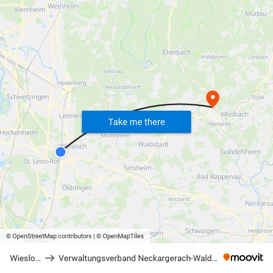 Wiesloch to Verwaltungsverband Neckargerach-Waldbrunn map