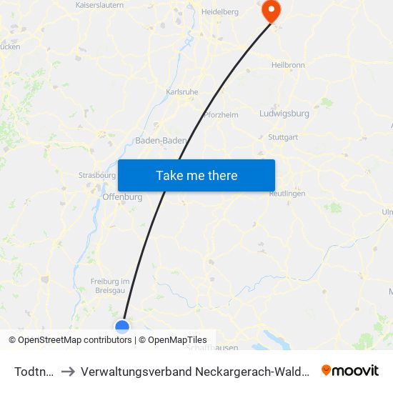 Todtnau to Verwaltungsverband Neckargerach-Waldbrunn map