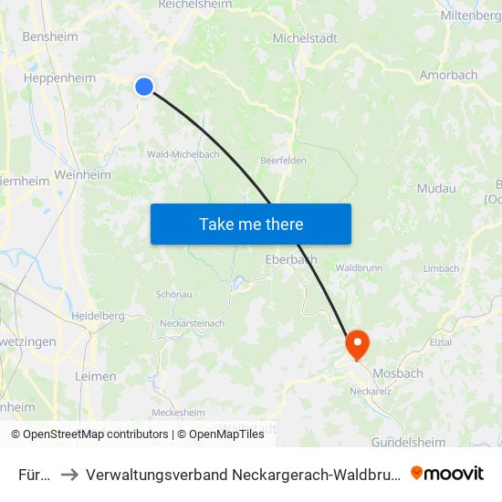 Fürth to Verwaltungsverband Neckargerach-Waldbrunn map