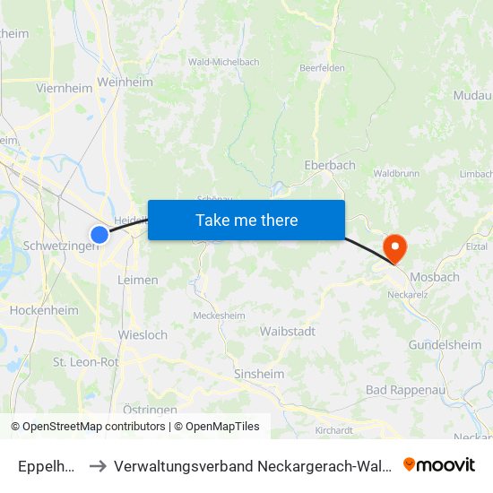 Eppelheim to Verwaltungsverband Neckargerach-Waldbrunn map