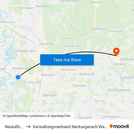 Neulußheim to Verwaltungsverband Neckargerach-Waldbrunn map
