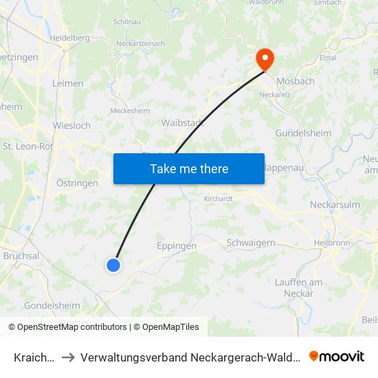 Kraichtal to Verwaltungsverband Neckargerach-Waldbrunn map