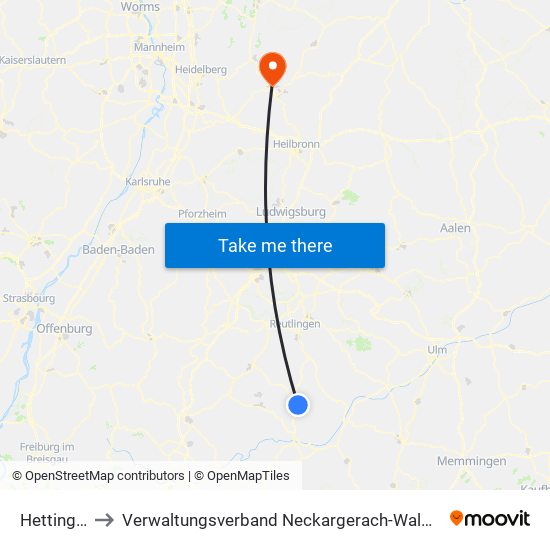 Hettingen to Verwaltungsverband Neckargerach-Waldbrunn map