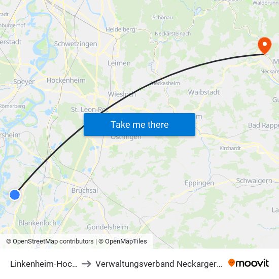 Linkenheim-Hochstetten to Verwaltungsverband Neckargerach-Waldbrunn map