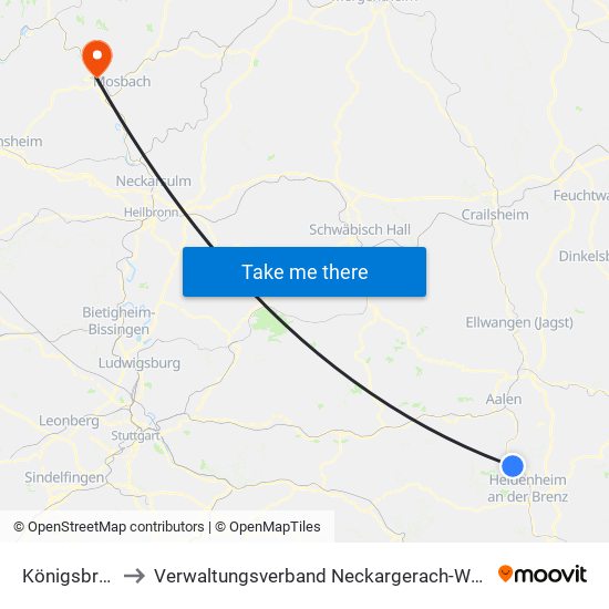 Königsbronn to Verwaltungsverband Neckargerach-Waldbrunn map