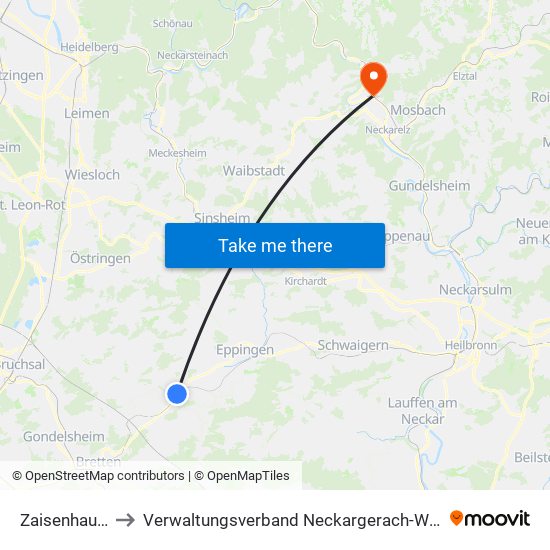 Zaisenhausen to Verwaltungsverband Neckargerach-Waldbrunn map