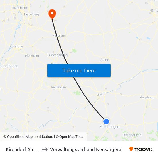 Kirchdorf An Der Iller to Verwaltungsverband Neckargerach-Waldbrunn map