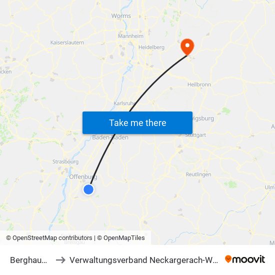 Berghaupten to Verwaltungsverband Neckargerach-Waldbrunn map