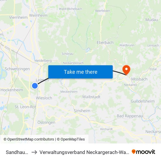 Sandhausen to Verwaltungsverband Neckargerach-Waldbrunn map