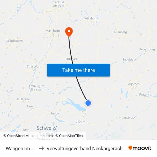 Wangen Im Allgäu to Verwaltungsverband Neckargerach-Waldbrunn map