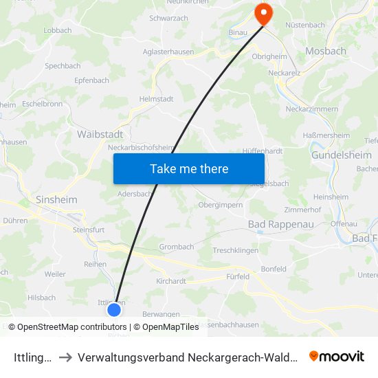 Ittlingen to Verwaltungsverband Neckargerach-Waldbrunn map