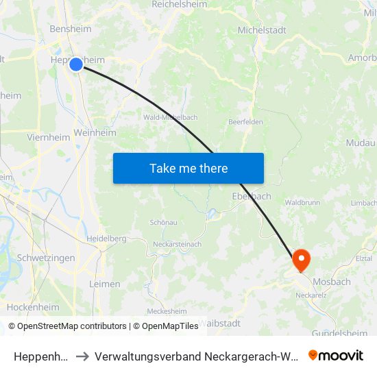 Heppenheim to Verwaltungsverband Neckargerach-Waldbrunn map