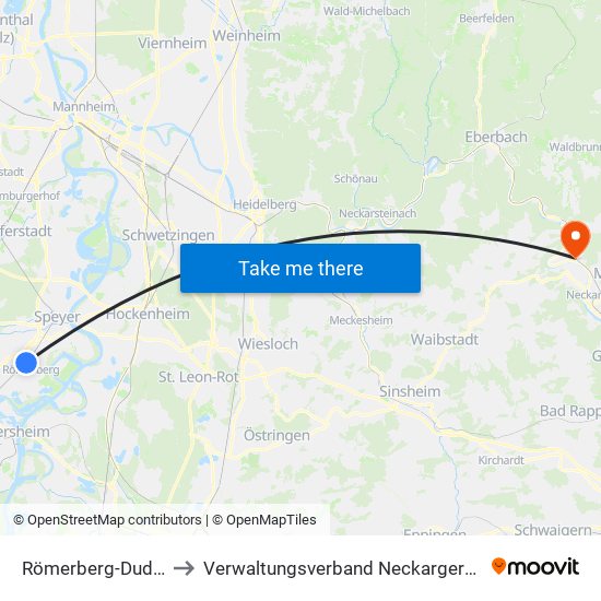 Römerberg-Dudenhofen to Verwaltungsverband Neckargerach-Waldbrunn map