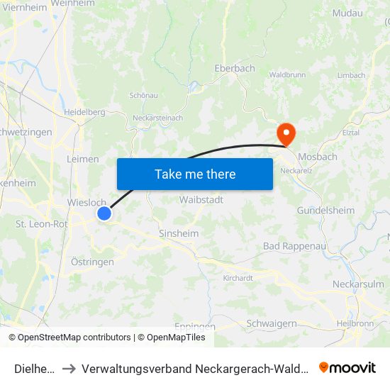 Dielheim to Verwaltungsverband Neckargerach-Waldbrunn map