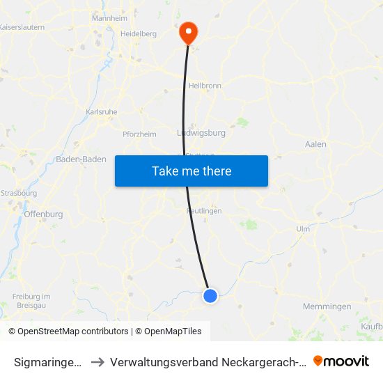 Sigmaringendorf to Verwaltungsverband Neckargerach-Waldbrunn map