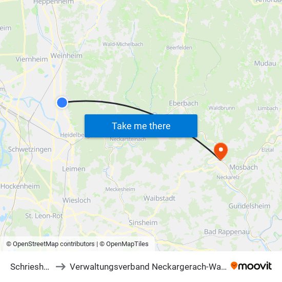 Schriesheim to Verwaltungsverband Neckargerach-Waldbrunn map