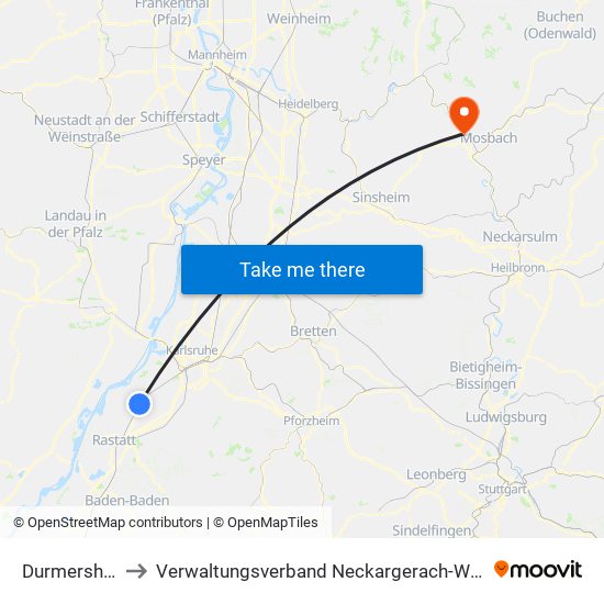 Durmersheim to Verwaltungsverband Neckargerach-Waldbrunn map