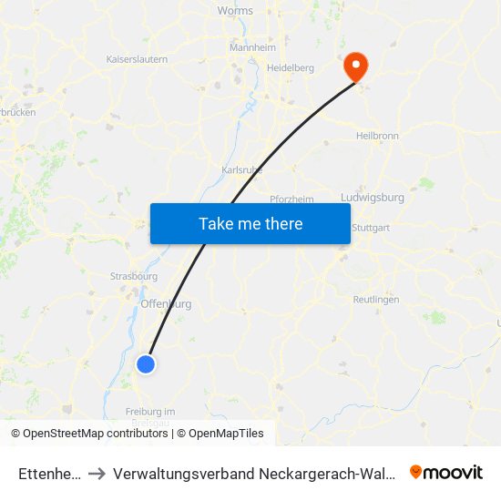 Ettenheim to Verwaltungsverband Neckargerach-Waldbrunn map