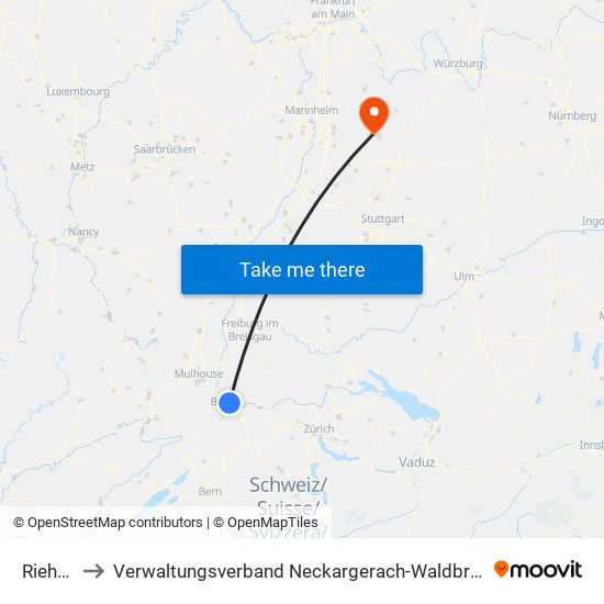 Riehen to Verwaltungsverband Neckargerach-Waldbrunn map