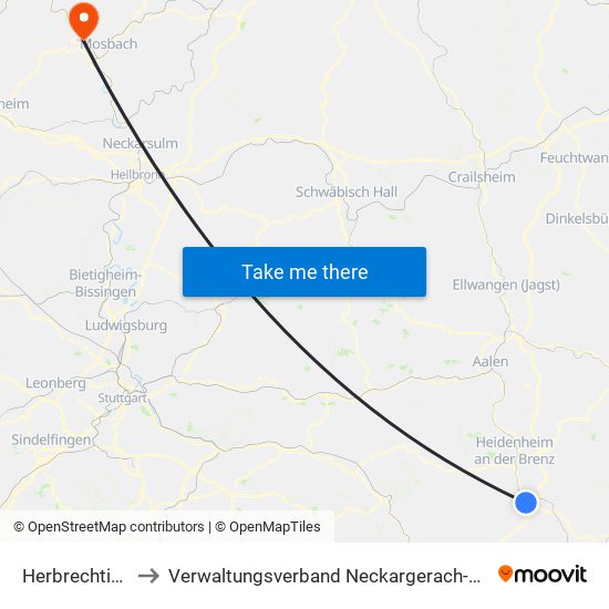 Herbrechtingen to Verwaltungsverband Neckargerach-Waldbrunn map