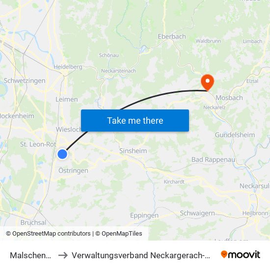 Malschenberg to Verwaltungsverband Neckargerach-Waldbrunn map