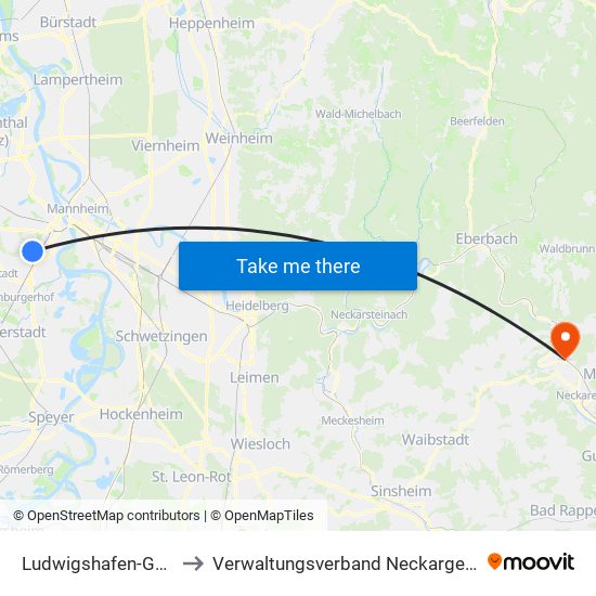 Ludwigshafen-Gartenstadt to Verwaltungsverband Neckargerach-Waldbrunn map