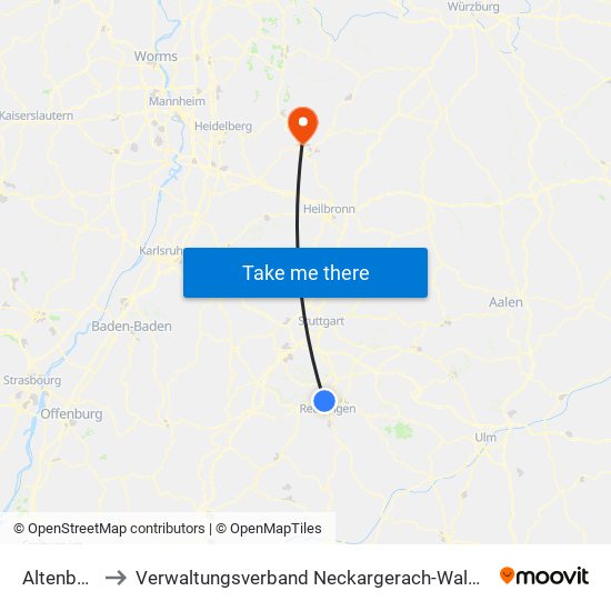 Altenburg to Verwaltungsverband Neckargerach-Waldbrunn map