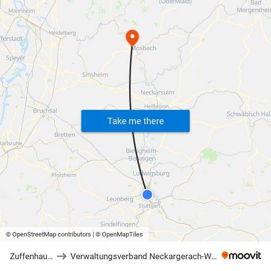 Zuffenhausen to Verwaltungsverband Neckargerach-Waldbrunn map