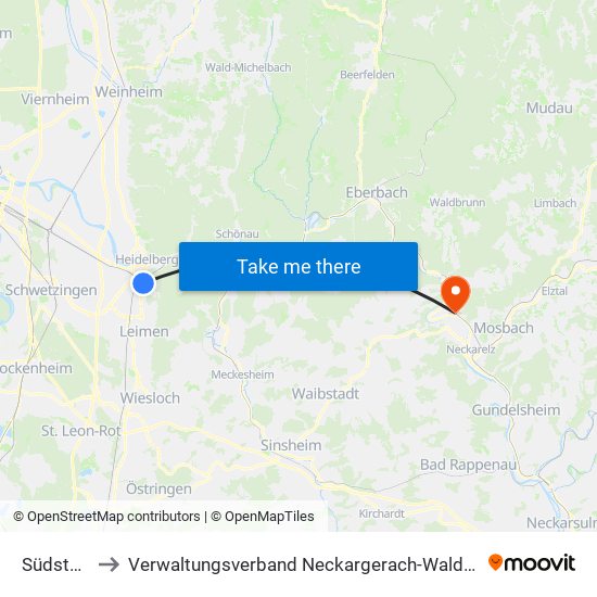 Südstadt to Verwaltungsverband Neckargerach-Waldbrunn map