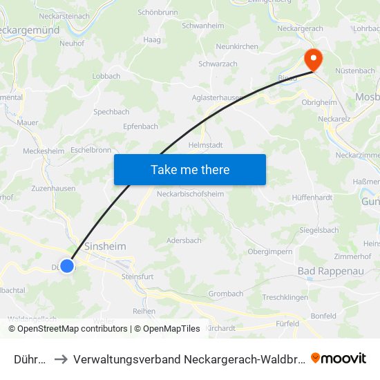 Dühren to Verwaltungsverband Neckargerach-Waldbrunn map