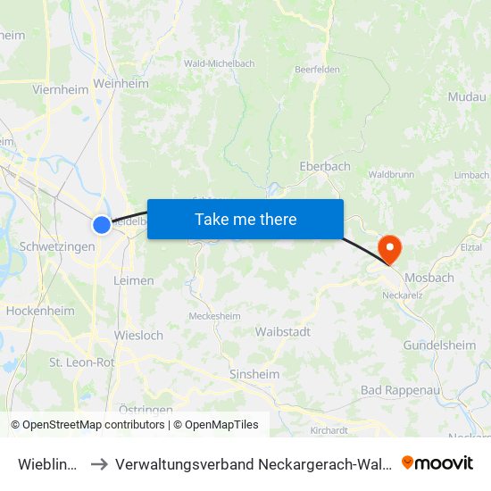 Wieblingen to Verwaltungsverband Neckargerach-Waldbrunn map
