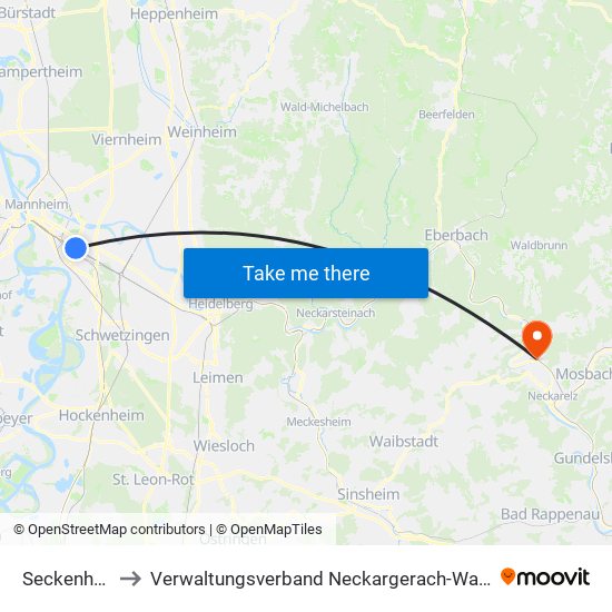 Seckenheim to Verwaltungsverband Neckargerach-Waldbrunn map