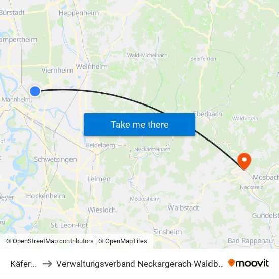 Käfertal to Verwaltungsverband Neckargerach-Waldbrunn map