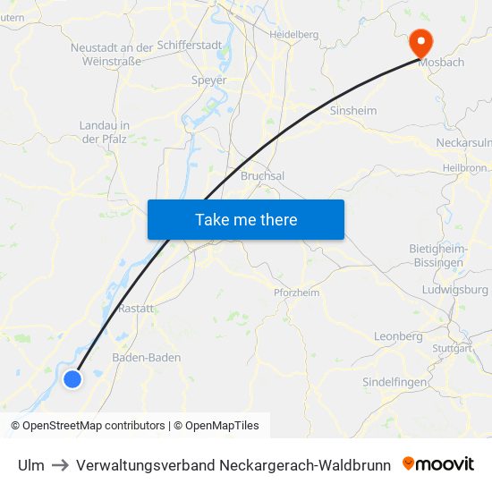 Ulm to Verwaltungsverband Neckargerach-Waldbrunn map