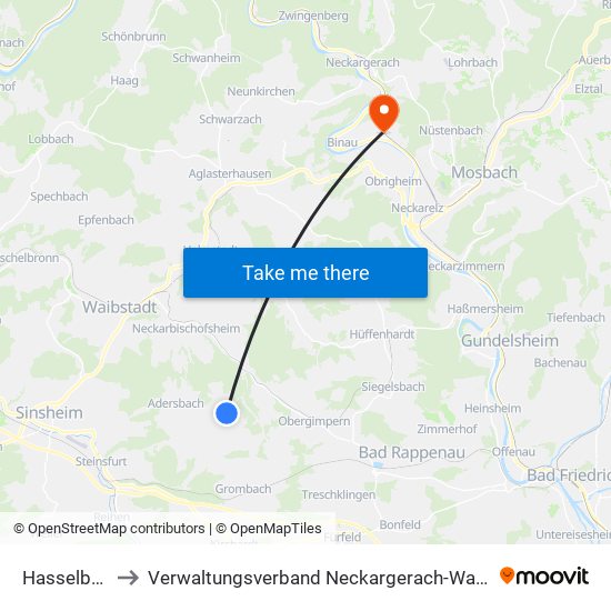 Hasselbach to Verwaltungsverband Neckargerach-Waldbrunn map