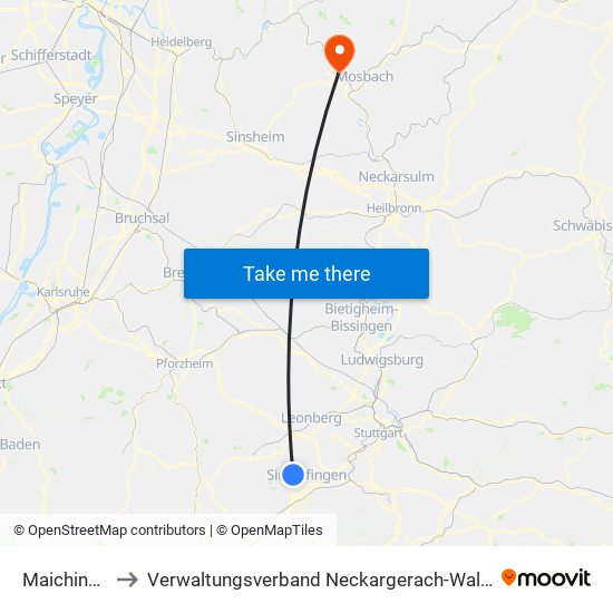 Maichingen to Verwaltungsverband Neckargerach-Waldbrunn map