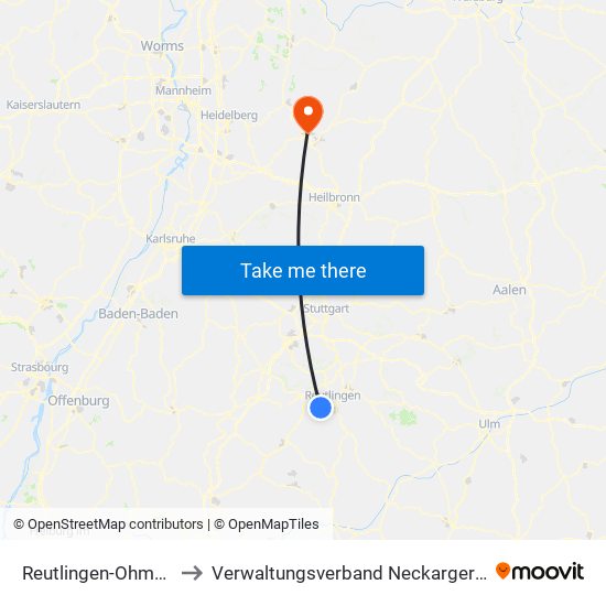 Reutlingen-Ohmenhausen to Verwaltungsverband Neckargerach-Waldbrunn map