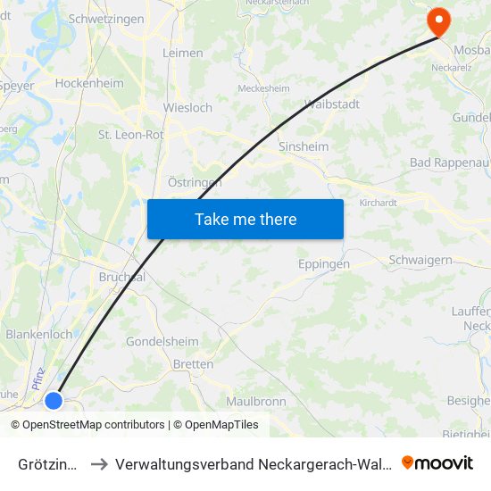 Grötzingen to Verwaltungsverband Neckargerach-Waldbrunn map