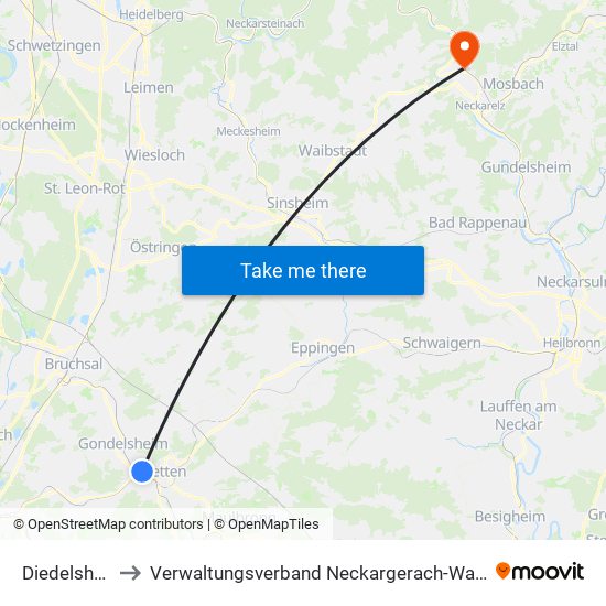 Diedelsheim to Verwaltungsverband Neckargerach-Waldbrunn map