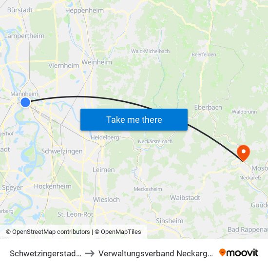 Schwetzingerstadt/Oststadt to Verwaltungsverband Neckargerach-Waldbrunn map