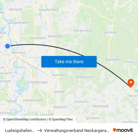 Ludwigshafen-Oppau to Verwaltungsverband Neckargerach-Waldbrunn map