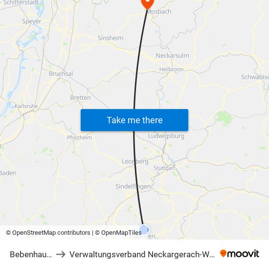 Bebenhausen to Verwaltungsverband Neckargerach-Waldbrunn map